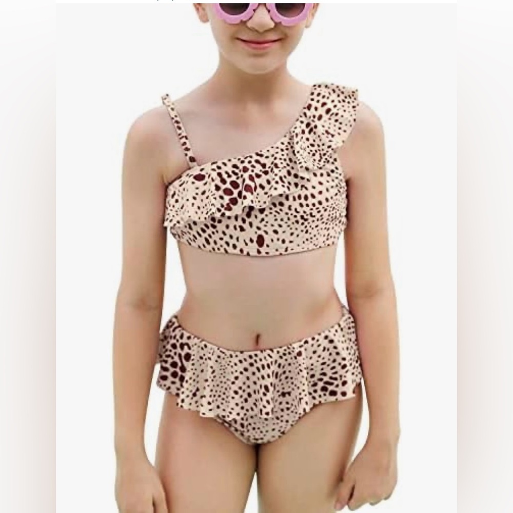 ⛱️imesrun Two Piece Ruffles Cheetah Print Swimsuit Size 8⛱️ NIB